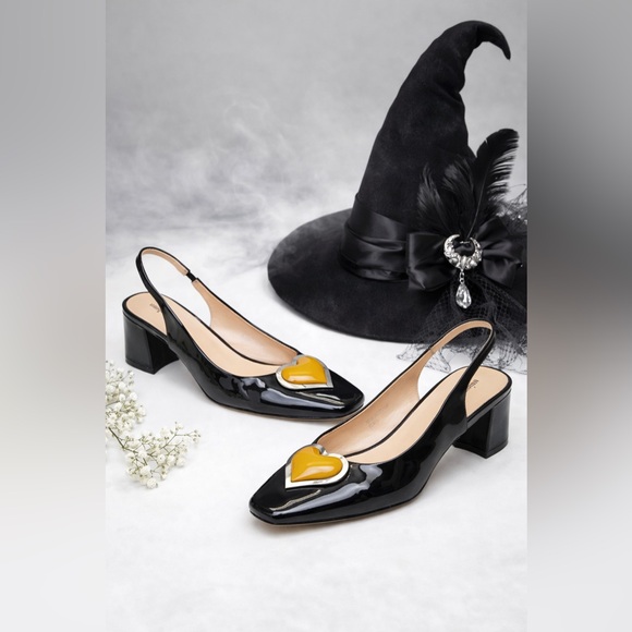 Unique Vintage ‘50s Black & Orange Heart Leatherette Slingback Heels, Sz 6, NWT! - Picture 8 of 16